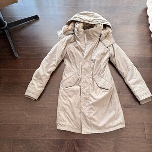 Aritzia Beige Hooded Parka with Faux Fur Trim